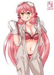 Rule 34 | 1girl, akashi (kancolle), artist logo, bra, breasts, cleavage, clipboard, commentary request, contrapposto, cowboy shot, dated, frilled bra, frills, gloves, goggles, goggles on head, green eyes, hair ribbon, highres, jumpsuit, kanon (kurogane knights), kantai collection, large breasts, long hair, navel, open clothes, panties, pink hair, polka dot, polka dot bra, polka dot panties, red bra, red panties, revision, ribbon, simple background, solo, standing, tongue, tongue out, tress ribbon, underwear, white background, wrench
