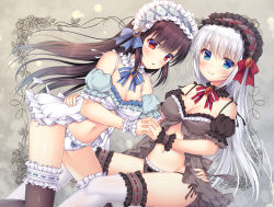 Rule 34 | 2girls, :o, babydoll, bare shoulders, black hair, black legwear, black panties, black sleeves, blue bow, blue eyes, blue sleeves, blush, bow, bow panties, breasts, brooch, cleavage, closed mouth, commentary request, detached sleeves, frilled hairband, frilled legwear, frilled panties, frills, fujikura ryuune, grey hairband, groin, hair between eyes, hairband, hand on another&#039;s hip, holding hands, interlocked fingers, jewelry, long hair, medium breasts, multiple girls, navel, original, panties, parted lips, puffy short sleeves, puffy sleeves, red bow, red eyes, short sleeves, siblings, side-tie panties, silver hair, sisters, smile, striped, striped bow, thighhighs, twins, underwear, very long hair, white legwear, white panties, wrist cuffs