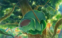 Rule 34 | bulbasaur, commentary request, creatures (company), closed eyes, fangs, game freak, gen 1 pokemon, mei ford, nintendo, no humans, nose bubble, open mouth, plant, pokemon, pokemon (creature), solo, tongue, tree, upside-down, vines