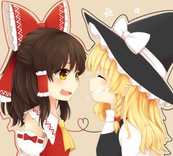 Rule 34 | &gt;:), 2girls, :d, ^ ^, absurdres, blush, bow, braid, brown hair, closed eyes, commentary, detached sleeves, closed eyes, face-to-face, fang, flying sweatdrops, grin, hair bow, hair tubes, hakurei reimu, hat, heart, heart of string, highres, kirisame marisa, long hair, medium hair, multiple girls, nervous smile, open mouth, riza dxun, single braid, smile, touhou, v-shaped eyebrows, witch hat, yellow eyes, yuri
