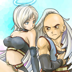 Rule 34 | 1boy, 1girl, angel wings, bad id, bad pixiv id, bald, bandeau, blue eyes, breasts, brother and sister, choker, cleavage, dragon quest, dragon quest ix, earrings, elbow gloves, gloves, halo, izayaarl, jewelry, level-5, midriff, pekuchin (pekuchin 3), raviel, shirt, short hair, siblings, silver hair, skirt, sweatdrop, taut clothes, taut shirt, twins, wings