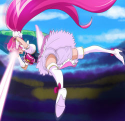 Rule 34 | 1girl, aino megumi, bike shorts, blue sky, boots, brooch, cloud, cure lovely, day, eye beam, full body, hair ornament, happinesscharge precure!, haruyama kazunori, heart, heart brooch, heart hair ornament, high heel boots, high heels, long hair, open mouth, pink hair, pink skirt, ponytail, precure, skirt, sky, thigh boots, thighhighs, very long hair, white footwear, white thighhighs, wings