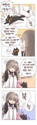 Rule 34 | 1girl, 2girls, absurdres, alternate costume, anger vein, ascot, bad id, bad pixiv id, bag, black cat, cat, closed mouth, comic, commentary request, dress, girls&#039; frontline, green hair, highres, honyang, korean text, long hair, multiple girls, official alternate costume, open mouth, pantyhose, scar, scar across eye, scar on face, speech bubble, translation request, ump45 (agent lop rabbit) (girls&#039; frontline), ump45 (girls&#039; frontline), white pantyhose, yellow eyes