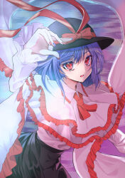 Rule 34 | 1girl, absurdres, black hat, bow, capelet, commentary, hat, hat bow, high-waist skirt, highres, long sleeves, looking at viewer, multicolored nails, nagae iku, nyarocks, open mouth, purple hair, red bow, red eyes, short hair, skirt, solo, touhou, white capelet