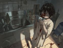 Rule 34 | black hair, blood, blood on clothes, bowl, cabinet, carton, faceless, guro, holding, holding bowl, indoors, kitchen, kitchen knife, messy hair, original, oversized clothes, oversized shirt, shadow, shirt, sink, standing, tensen (dotted line), tentacles, tile wall, tiles, trash can, what, white shirt, wooden floor