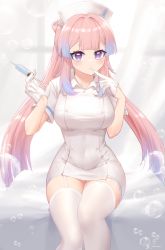 Rule 34 | 1girl, :o, absurdres, alternate costume, blue hair, bow-shaped hair, breasts, bubble, colored tips, feet out of frame, finger to mouth, garter straps, genshin impact, gradient hair, hair intakes, hat, highres, holding, holding syringe, linreplica, long hair, looking at viewer, multicolored hair, nurse, nurse cap, parted lips, pink hair, purple eyes, sangonomiya kokomi, sitting, solo, syringe, thighhighs, thighs, white hat, white thighhighs, zettai ryouiki