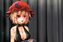 Rule 34 | 1girl, aki minoriko, alternate costume, black bow, black bowtie, black dress, blonde hair, body writing, book, bow, bowtie, breasts, cleavage, collarbone, curtains, dress, food, fruit, grapes, hat, highres, holding, holding book, looking at viewer, medium breasts, mob cap, open book, open mouth, red hat, short hair, sleeveless, sleeveless dress, sob hai, solo, touhou, upper body, v-shaped eyebrows