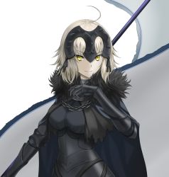 Rule 34 | 1girl, ahoge, armor, armored dress, bad id, bad pixiv id, banner, black dress, chain, dress, fate/grand order, fate (series), gauntlets, hajika, jeanne d&#039;arc (fate), jeanne d&#039;arc alter (avenger) (fate), jeanne d&#039;arc alter (avenger) (first ascension) (fate), jeanne d&#039;arc alter (fate), long hair, looking at viewer, silver hair, simple background, smile, solo, standing, upper body, white background, yellow eyes