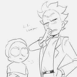 Rule 34 | 2boys, blush, crossed arms, grandfather and grandson, highres, incest, lab coat, looking away, looking to the side, messy hair, morty smith, multiple boys, nipo636, rick and morty, rick sanchez, short hair, spiked hair, tsundere, vomit
