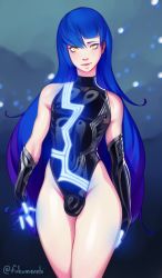Rule 34 | 1boy, absurdres, alternate costume, black leotard, blue hair, blunt bangs, blurry, blurry background, blush, bulge, collarbone, commentary request, covered navel, cowboy shot, elbow gloves, eyelashes, fingerless gloves, fukumenshi, gloves, glowing, gradient hair, highleg, highleg leotard, highres, leotard, long hair, looking at viewer, male focus, multicolored hair, protagonist (smtv), purple hair, shadow, shin megami tensei, shin megami tensei v, shiny clothes, shiny skin, single sidelock, skin tight, sleeveless, solo, swept bangs, thick thighs, thighs, toned, toned male, trap, twitter username, yellow eyes