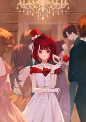 Rule 34 | 1girl, 6+others, absurdres, arima kana, closed mouth, dress, flower, gloves, hat, highres, looking at viewer, medium hair, multiple others, oshi no ko, red eyes, red hair, rose, short hair, standing, white dress, white gloves, xiang yu pai
