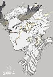 Rule 34 | 1boy, antlers, broken antler, chinese zodiac, cropped head, dated, dragon boy, dragon horns, expressionless, facial scar, glowing, golden kamuy, greyscale, horns, male focus, monochrome, monsterification, onnomono, scales, scar, scar on cheek, scar on face, scar on nose, scarf, short hair, sideways glance, simple background, slit pupils, solo, spot color, sugimoto saichi, wide-eyed, year of the dragon