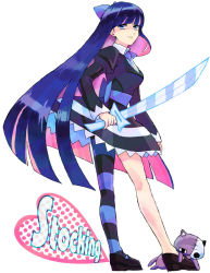 Rule 34 | 10s, 1girl, bad id, bad pixiv id, bow, colored inner hair, dress, hair bow, honekoneko, kneepits, legs, long hair, multicolored hair, ni (noronoro-pix), panty &amp; stocking with garterbelt, solo, stocking (psg), striped clothes, striped thighhighs, stripes i &amp; ii, thighhighs, two-tone hair, very long hair
