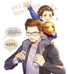 Rule 34 | + +, 2boys, aged down, arm up, black jacket, blue footwear, blue jacket, blush, brown eyes, brown hair, buttons, child, closed mouth, collarbone, collared jacket, commentary, english commentary, english text, facial hair, fingernails, ginmu, glasses, grey pants, hands up, helmet, holding, holding helmet, iron man, jacket, long sleeves, looking to the side, male focus, marvel, marvel cinematic universe, multiple boys, open clothes, open jacket, open mouth, pants, peter parker, puffy long sleeves, puffy sleeves, shirt, shoes, short hair, simple background, sitting, sitting on person, smile, sneakers, speech bubble, star (symbol), sweat, t-shirt, teeth, tongue, tony stark, two-tone footwear, v-shaped eyebrows, white background, white footwear, white shirt, yellow eyes