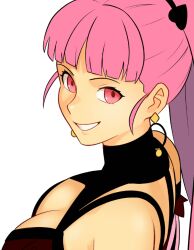 Rule 34 | 1girl, breasts, earrings, fire emblem, fire emblem: three houses, hilda valentine goneril, jewelry, large breasts, looking at viewer, looking back, nintendo, pink eyes, pink hair, simple background, smgold, smile, solo, white background