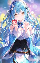 Rule 34 | 1girl, ahoge, bare shoulders, belt, blue bow, blue bowtie, blue coat, blue hair, blue skirt, blush, bow, bowtie, box, breasts, brown belt, coat, commentary request, corset, elf, flower, hair between eyes, hair flower, hair ornament, hands up, hat, heart, heart-shaped box, heart ahoge, highres, holding, holding box, holding heart, hololive, large breasts, long hair, long sleeves, looking at viewer, open clothes, open coat, pointy ears, rin yuu, shirt, skirt, sleeveless, sleeveless shirt, smile, snowflake print, solo, two side up, virtual youtuber, white flower, white hat, white shirt, yellow eyes, yukihana lamy