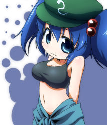 Rule 34 | 1girl, blue eyes, blue hair, breasts, cleavage, clothes around waist, female focus, hair bobbles, hair ornament, hat, kawashiro nitori, kusaba, kusaba (kusabashiki), large breasts, matching hair/eyes, midriff, navel, shirt, short hair, smile, solo, taut clothes, taut shirt, touhou, twintails, two side up