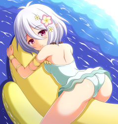 Rule 34 | 1girl, antenna hair, ass, bare shoulders, blush, breasts, casual one-piece swimsuit, closed mouth, commentary request, flower, green one-piece swimsuit, hair between eyes, hair flower, hair ornament, inflatable toy, kokkoro (princess connect!), kokkoro (summer) (princess connect!), looking at viewer, looking to the side, lying, nagana sayui, on stomach, one-piece swimsuit, pink flower, pointy ears, princess connect!, purple eyes, small breasts, smile, solo, split mouth, swimsuit, water, white flower, white hair