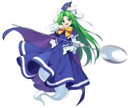 Rule 34 | 1girl, absurdres, blue dress, blue hat, cape, dress, full body, ghost tail, green eyes, green hair, hat, highres, hiyaya (kochi michikaze), holding, holding weapon, long hair, long sleeves, looking at viewer, mima (touhou), open mouth, purple cape, smile, solo, touhou, touhou (pc-98), transparent background, weapon