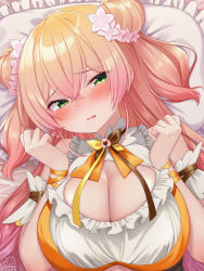 Rule 34 | 1girl, bed sheet, blonde hair, blush, breasts, cleavage, crossed bangs, double bun, embarrassed, green eyes, hair bun, hair ribbon, highres, hololive, large breasts, long hair, looking at viewer, lying, magowasabi, momosuzu nene, momosuzu nene (1st costume), on back, on bed, pillow, ribbon, shirt, signature, solo, very long hair, virtual youtuber, wavy mouth, white shirt