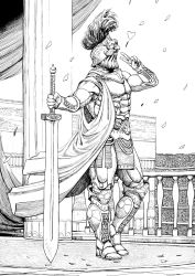 Rule 34 | 1boy, armor, breastplate, cape, column, commentary, contrapposto, covered face, english commentary, gladiator, gorget, greco-roman clothes, greyscale, hand up, heart, helmet, highres, holding, holding sword, holding weapon, long sword, male focus, armored boots, monochrome, original, outdoors, parody, pelvic curtain, petals, pillar, plume, roman clothes, solo, sword, v, vambraces, weapon, y naf