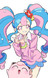 Rule 34 | 1girl, blue hair, blue skirt, choker, collared shirt, creatures (company), double v, eyelashes, fairy miku (project voltage), flower, game freak, gen 1 pokemon, grin, hair flower, hair ornament, hands up, hatsune miku, jigglypuff, long hair, long sleeves, multicolored hair, nintendo, pink eyes, pink hair, pink sweater, pokemon, pokemon (creature), project voltage, scrunchie, shirt, simple background, skirt, smile, sweater, teeth, twintails, two-tone hair, v, vocaloid, white background, white shirt, wrist scrunchie, yoko.u