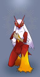 Rule 34 | alternate color, blaziken, blue eyes, closed mouth, colored sclera, commentary, creatures (company), full body, game freak, gen 3 pokemon, grey background, hand up, highres, looking at viewer, nintendo, on one knee, pkpokopoko3, pokemon, pokemon (creature), red fur, shiny pokemon, solo, yellow sclera