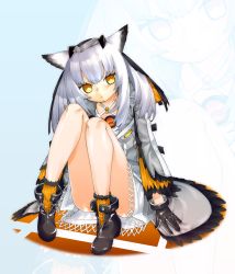 Rule 34 | 1girl, akitsuki itsuki, arknights, ass, black gloves, boots, empty eyes, gloves, looking at viewer, owl ears, ptilopsis (arknights), sitting, socks, solo, white hair, yellow eyes, yellow socks, zoom layer