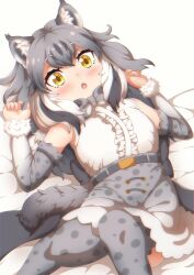 Rule 34 | 1girl, animal print, bare shoulders, blush, bow, bowtie, canadian lynx (kemono friends), cat print, center frills, commentary request, detached sleeves, ev (kemomimizuku), fang, frills, fur trim, gradient skirt, gradient sleeves, grey bow, grey bowtie, grey hair, grey skirt, grey sleeves, grey thighhighs, high-waist skirt, highres, kemono friends, lying, lynx ears, lynx girl, multicolored hair, on back, on bed, open mouth, print bow, print bowtie, print skirt, print sleeves, print thighhighs, she li (lynxm), shirt, short hair, sidelocks, skirt, sleeveless, solo, thighhighs, white fur, white hair, white shirt, white skirt, white sleeves, yellow eyes, zettai ryouiki