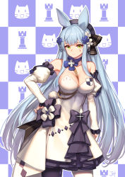 Rule 34 | 1girl, absurdres, animal ears, armpits, baek hyang, bare shoulders, beret, between breasts, blue hair, breasts, checkered background, choker, cleavage, commentary, cowboy shot, cross hair ornament, detached sleeves, dress, facial mark, girls&#039; frontline, green eyes, hair ornament, hand on own hip, hat, highres, hk416 (girls&#039; frontline), hk416 (herbal-flavored hard candy) (girls&#039; frontline), juliet sleeves, large breasts, long hair, long sleeves, looking at viewer, official alternate costume, pantyhose, parted lips, puffy sleeves, solo, very long hair, white dress