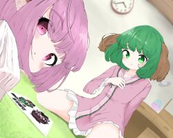 Rule 34 | 2girls, animal ears, bird ears, blush, brown dress, clock, commentary, dog ears, dog girl, dress, dutch angle, green eyes, green hair, hashtag-only commentary, highres, indoors, kasodani kyouko, long sleeves, looking at viewer, multiple girls, mystia lorelei, open mouth, pink eyes, pink hair, sayoshima, short hair, sitting, touhou
