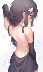 Rule 34 | 1girl, arata (xin), arm behind head, arm up, back, back focus, backless dress, backless outfit, bare back, black dress, black gloves, blush, breasts, brown eyes, brown hair, bug, butterfly, butterfly hair ornament, closed mouth, dress, elbow gloves, fate/grand order, fate/kaleid liner prisma illya, fate (series), from behind, gloves, hair ornament, highres, insect, long hair, looking away, miyu edelfelt, profile, simple background, small breasts, solo