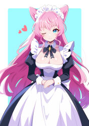 Rule 34 | 1girl, absurdres, alternate costume, apron, back bow, black bow, black bowtie, black dress, blue background, blue eyes, border, bow, bowtie, breasts, cleavage, closed mouth, detached collar, dress, enmaided, gmkz kawaii, heart, highres, juliet sleeves, large breasts, long hair, long sleeves, looking at viewer, maid, maid apron, maid headdress, maria cadenzavna eve, one eye closed, own hands together, pink hair, puffy sleeves, senki zesshou symphogear, simple background, smile, solo, upper body, very long hair, white apron, white border, white bow