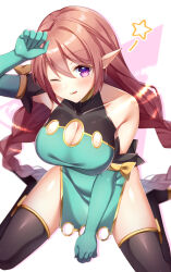 Rule 34 | 1girl, :q, amane (230075), aqua dress, aqua gloves, arm up, bare shoulders, black thighhighs, blush, braid, breasts, brown hair, cleavage, cleavage cutout, closed mouth, clothing cutout, collarbone, commission, dress, elbow gloves, from above, gloves, gold trim, hair between eyes, hand to head, head tilt, highres, large breasts, legs apart, long hair, looking at viewer, looking up, one eye closed, original, pelvic curtain, pointy ears, purple eyes, simple background, sitting, skeb commission, sleeveless, sleeveless dress, smile, solo, star (symbol), thighhighs, tongue, tongue out, twin braids, wariza, wink