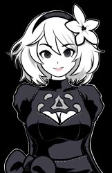 Rule 34 | 1girl, 2b (nier:automata), black background, breasts, cleavage, cleavage cutout, clothing cutout, commentary, dress, english commentary, flower, gloves, hair flower, hair ornament, hairband, highres, johncaden, large breasts, limited palette, looking at viewer, nier:automata, nier (series), short hair, simple background, smile, solo, spot color, upper body