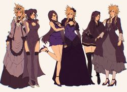 Rule 34 | bare legs, black hair, blonde hair, breasts, china dress, chinese clothes, cleavage, cleavage cutout, clothing cutout, cloud strife, cloud strife (ball gown), cloud strife (black dress), cloud strife (blue dress), crossdressing, double bun, dress, embarrassed, final fantasy, final fantasy vii, final fantasy vii remake, hair bun, high heels, japanese clothes, kimono, multiple persona, official alternate costume, sera (serappi), spiked hair, standing, swept bangs, thighhighs, tiara, tifa lockhart, tifa lockhart (exotic dress), tifa lockhart (refined dress), tifa lockhart (sporty dress), wall market