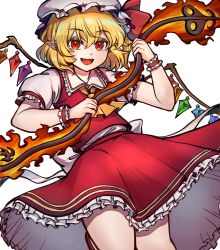 Rule 34 | 1girl, :d, absurdres, ascot, back bow, blonde hair, bow, collared shirt, cowboy shot, fangs, flaming weapon, flandre scarlet, frilled shirt collar, frilled skirt, frilled sleeves, frills, hair between eyes, hat, hat ribbon, highres, holding, holding polearm, holding weapon, laevatein (touhou), looking at viewer, medium hair, mob cap, multicolored wings, open mouth, pointy ears, polearm, puffy short sleeves, puffy sleeves, red eyes, red footwear, red ribbon, red skirt, red vest, ribbon, shirt, shishui guima, short sleeves, side ponytail, simple background, skirt, skirt set, smile, solo, standing, standing on one leg, touhou, vest, weapon, white background, white bow, white hat, white shirt, wings, wrist cuffs, yellow ascot