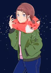Rule 34 | 1girl, animal, animal around neck, animal on shoulder, bad id, bad pixiv id, blue background, blue eyes, blue pants, brown hair, clip studio paint (medium), closed eyes, commentary request, cowboy shot, facing viewer, fox, green jacket, hand in pocket, hand up, highres, jacket, long sleeves, looking at viewer, low ponytail, nail polish, open clothes, open jacket, original, pants, pink sweater, puckered lips, red nails, scarf, side ponytail, sidelocks, sparkle, sweater, yoshimon