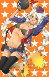 Rule 34 | + +, 1girl, belt, bikini, bikini top only, bomb, boots, braid, cl0che, explosive, fire, glasses, gloves, hat, horns, jacket, key, knife, lips, long hair, looking over eyewear, navel, original, red eyes, short shorts, shorts, smile, solo, star (symbol), swimsuit, thighhighs, twin braids, very long hair, white hair