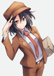 Rule 34 | 1girl, arched back, ashiroku (miracle hinacle), belt, black belt, black hair, breasts, brown bag, brown hat, brown jacket, brown shorts, cabbie hat, closed mouth, collared shirt, commentary request, cowboy shot, flat cap, hat, highres, holding, jacket, long sleeves, looking at viewer, necktie, open clothes, open jacket, red eyes, red necktie, shameimaru aya, shameimaru aya (newsboy), shirt, short hair, shorts, small breasts, smile, solo, touhou, white background, white shirt