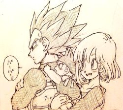 Rule 34 | 1girl, 2boys, :d, armor, baby, back turned, black eyes, black hair, bulma, carrying, crossed arms, dragon ball, dragonball z, expressionless, father and son, hat, long sleeves, looking at another, looking away, monochrome, mother and son, multiple boys, open mouth, ribbon, short hair, simple background, smile, speech bubble, spiked hair, tkgsize, translation request, trunks (dragon ball), vegeta, white background