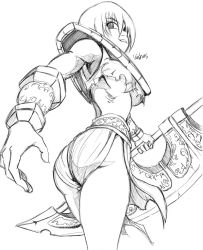 Rule 34 | 1girl, armpits, ass, breasts, gender request, genderswap, greyscale, hair over one eye, huge weapon, league of legends, medium breasts, monochrome, muscular, personification, renekton, short hair, signature, underboob, vambraces, weapon