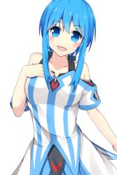 Rule 34 | 1girl, bare shoulders, blue eyes, blue hair, blue shirt, blush, collarbone, commentary request, dot nose, highres, homura0620alicia, long hair, looking at viewer, open mouth, original, shirt, simple background, smile, solo, white background, white shirt