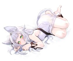 Rule 34 | 1girl, animal ears, arknights, barefoot, blush, breasts, cat ears, cat girl, cat tail, closed mouth, cuffs, dress, full body, green eyes, grey hair, highres, kochiya (gothope), long hair, looking at viewer, lying, official alternate costume, on side, rosmontis (arknights), rosmontis (become anew) (arknights), shackles, simple background, sleeveless, sleeveless dress, small breasts, smile, solo, tail, white background, white dress