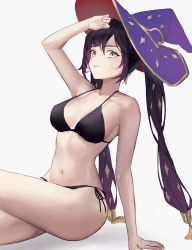 Rule 34 | 1girl, aqua hair, arm up, bad id, bad twitter id, bare shoulders, bikini, black bikini, black hair, breasts, cleavage, closed mouth, collarbone, genshin impact, gold trim, hat, hat ornament, highres, idasu (hyun9164), large breasts, long hair, looking at viewer, mona (genshin impact), navel, purple hat, simple background, solo, stomach, swimsuit, twintails, unfinished, white background, witch hat