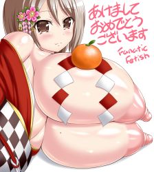 Rule 34 | 1girl, 2017, akeome, artist name, bad id, bad pixiv id, bare shoulders, beads, blush, breast rest, breasts, breasts out, brown eyes, brown hair, circle name, closed mouth, fanatic fetish, flower, food, food on body, food on breasts, fruit, hair beads, hair between eyes, hair flower, hair ornament, happy new year, huge breasts, huge nipples, japanese clothes, kimono, light smile, looking at viewer, lying, mandarin orange, matching hair/eyes, mole, mole on breast, nengajou, new year, nipples, no bra, obi, off shoulder, on side, open clothes, open kimono, oppai mochi, original, parted bangs, pink flower, puffy nipples, red kimono, sash, shadow, shide, shiny skin, short hair, silver hair, simple background, smile, solo, text focus, translation request, tsukioka kirio, upper body, white background