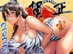 Rule 34 | 1girl, 2022, all fours, animal ears, animal hands, animal print, braid, breasts, brown eyes, chinese zodiac, cleavage, cleavage cutout, closed mouth, clothing cutout, commentary request, daraz, glasses, gloves, hair ornament, hairclip, hanekawa tsubasa, happy new year, highres, kizumonogatari, large breasts, long hair, looking at viewer, monogatari (series), naughty face, new year, one-piece swimsuit, paw gloves, seductive smile, smile, solo, swimsuit, tail, thighs, tiger ears, tiger girl, tiger print, tiger tail, translation request, white tiger print, year of the tiger
