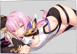 Rule 34 | 1girl, absurdres, black gloves, black shorts, blue eyes, breasts, cleavage, closed mouth, elf, elysia (honkai impact), elysia (miss pink elf) (honkai impact), gloves, grey background, hair ornament, half-closed eyes, highres, honkai (series), honkai impact 3rd, kei (soundcross), large breasts, long hair, looking at viewer, lying, on stomach, pink hair, pointy ears, shadow, shirt, shorts, single glove, smile, solo, white shirt