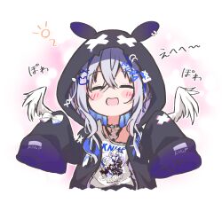 Rule 34 | 1girl, amane kanata, amane kanata (punk rock), batarop, black jacket, blue hair, blush, character print, closed eyes, colored inner hair, commentary request, cropped torso, facing viewer, grey hair, happy, highres, hololive, hood, hooded jacket, jacket, multicolored hair, open clothes, open jacket, open mouth, shirt, simple background, sleeves past fingers, sleeves past wrists, smile, solo, streaked hair, virtual youtuber, white background, white shirt, white wings, wings