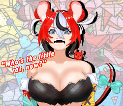 Rule 34 | 1girl, alternate hairstyle, angry, animal ear fluff, animal ears, asymmetrical clothes, asymmetrical sleeves, bare shoulders, black hair, blue eyes, bra, breasts, eddarxart, english text, eyebrow piercing, fangs, female focus, giant, giantess, glaring, hair bun, hakos baelz, highres, hololive, hololive english, large breasts, looking at viewer, looking down, mouse (animal), mouse ears, mouse girl, mouse tail, multicolored hair, piercing, red hair, solo, speech bubble, streaked hair, tail, twintails, underwear, virtual youtuber, white hair